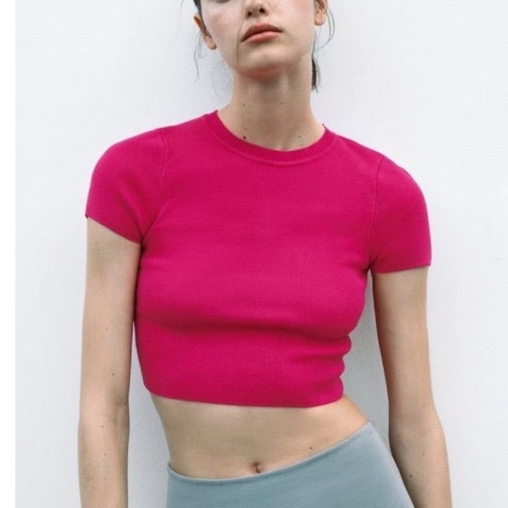 Zara Basic Cropped Knit Top Baby Tee Hot Pink Size Small